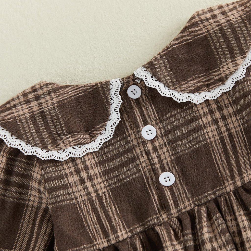 Baby Girl Peter Pan Collar Outfit Gingham Top Pants Set Fall Winter Clothes (Brown, )