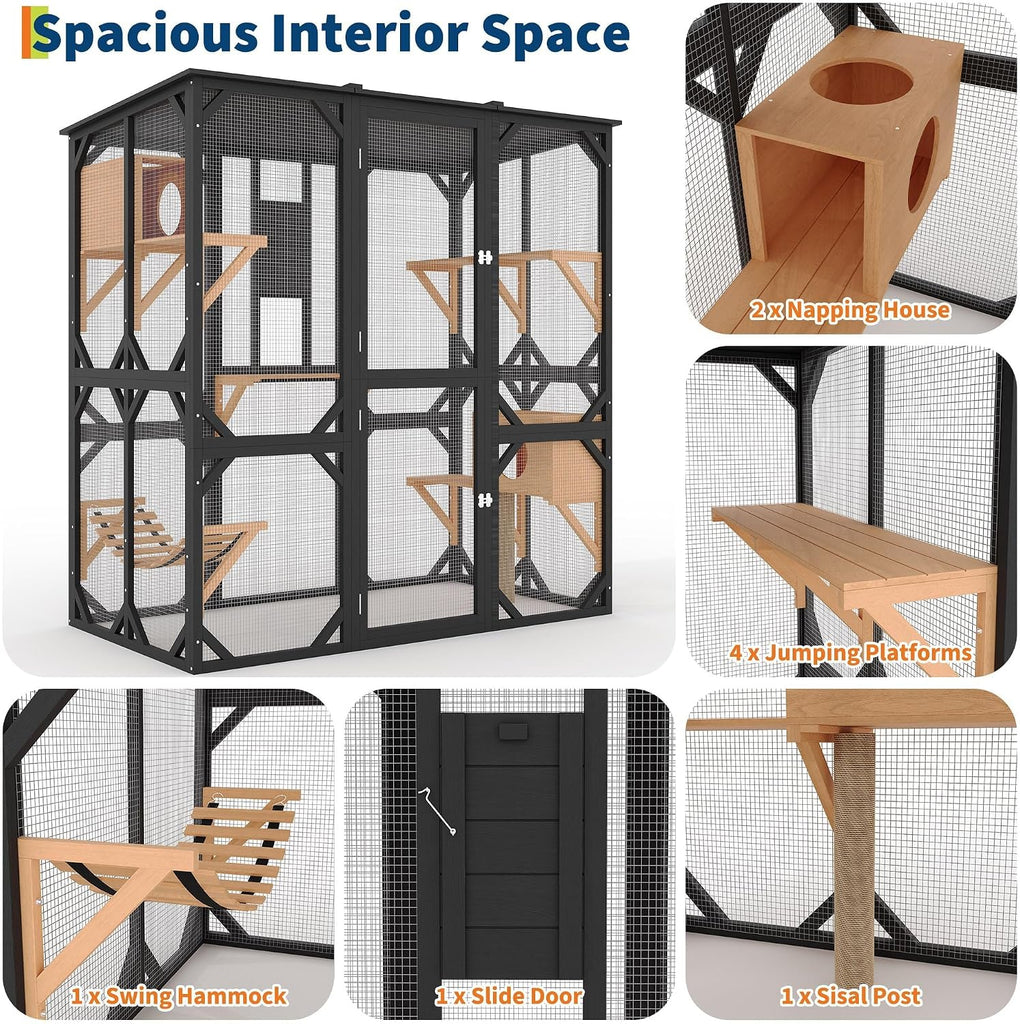Walk-in Wooden Catio for Multiple Cats, Outdoor Enclosure, Black