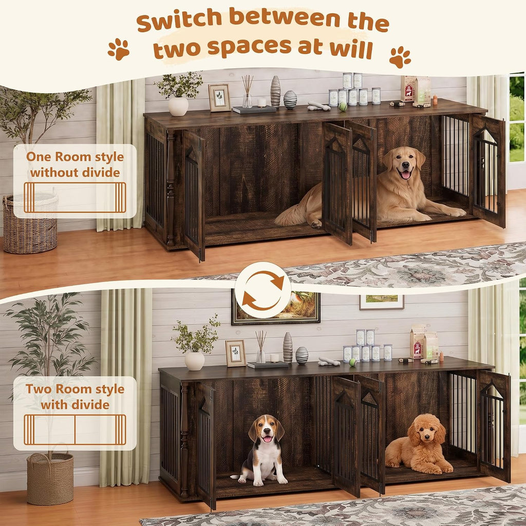 Double Dog Crate Furniture, Dog Kennel Indoor with Divider for 2 Dogs, Heavy Duty Dog Crate Furniture
