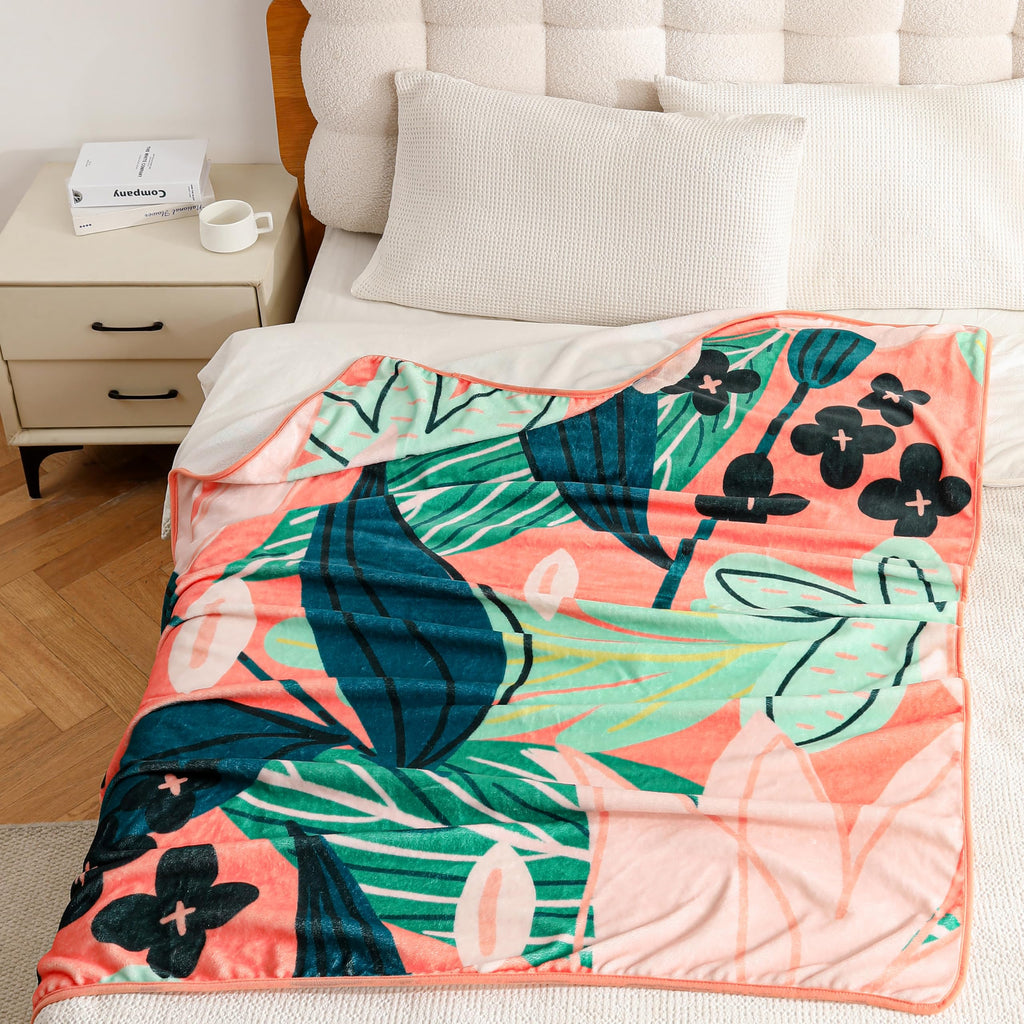 Boho Floral Flannel Fleece King Size Blanket - Soft, Warm & Lightweight Fuzzy Blanket for Couch, Bed, or Sofa Decor