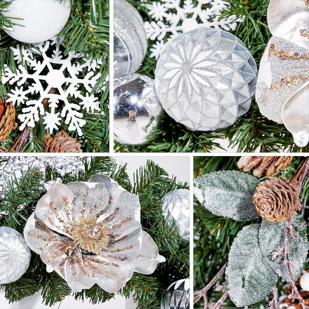 Pre-lit 9 Feet/108 Inch Christmas Garland, White & Silver Lighted Garland with 50 LED Lights for Indoor Outdoor Xmas