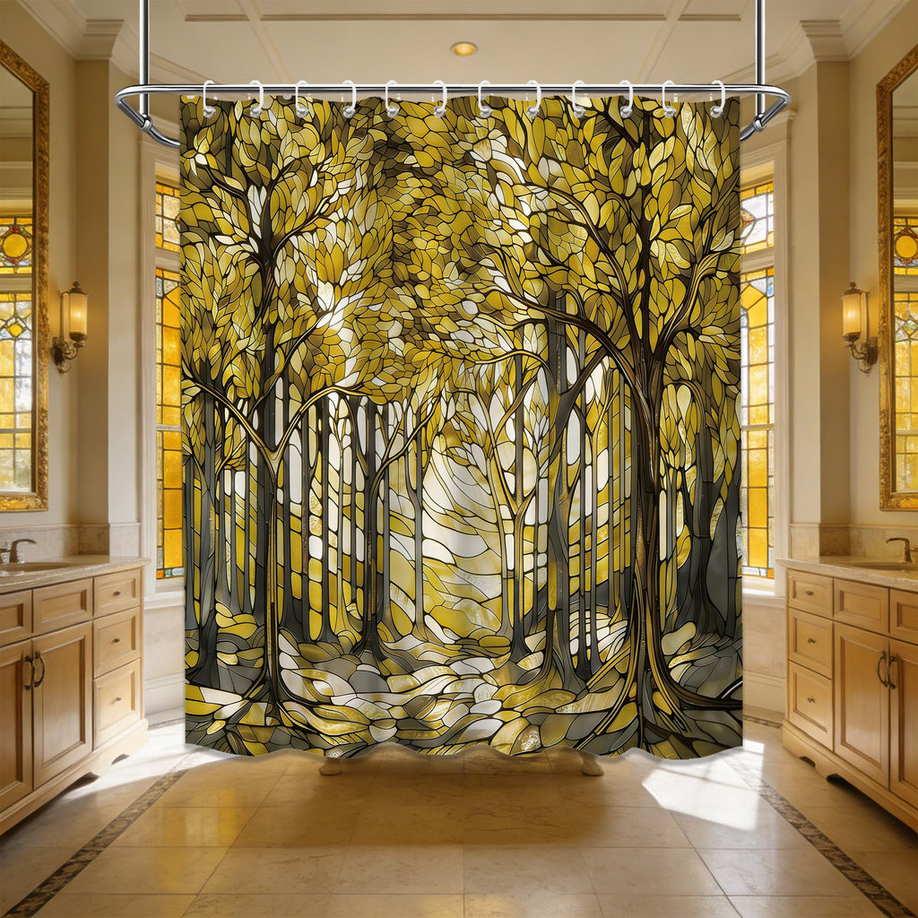 Yellow and Gray Stained Glass Mustard Yellow and Grey Farmhouse Garden Shower Curtains for Botanical Bathroom Decor
