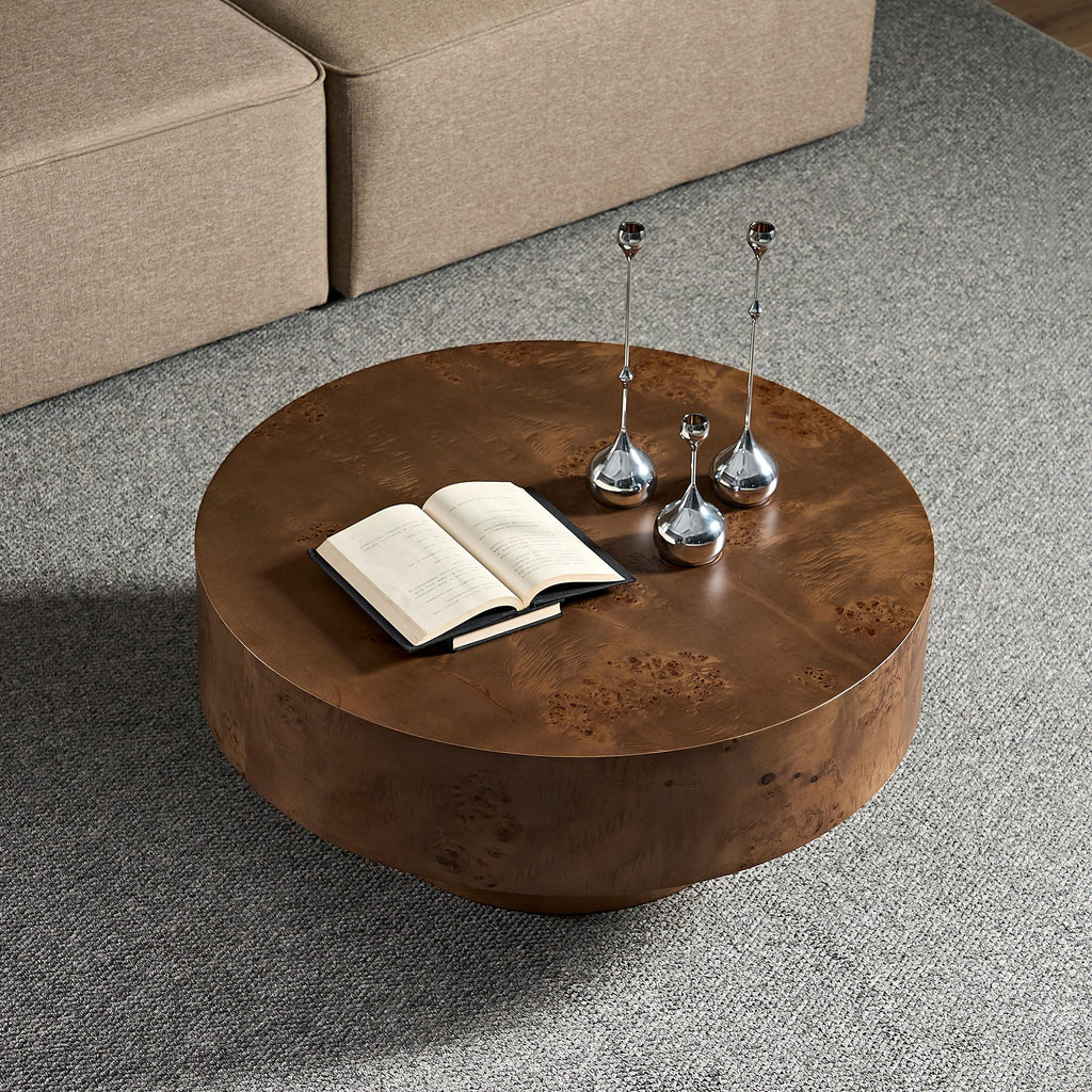 Round Coffee Table Wood, Modern Drum Burl Low Short Coffee Tables 31.49" W X 13.77''h Mid Century Wooden Pedestal