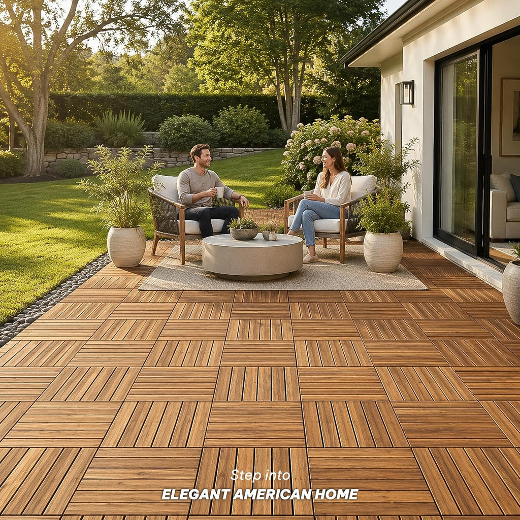 Natural Acacia 12x12 Interlocking Wood Deck Tiles for Balcony, Garden, Patio, Poolside Decor - Waterproof Indoor & Outdoor Flooring - 6 Slats, Round Joints, Pack of 9, Natural Color