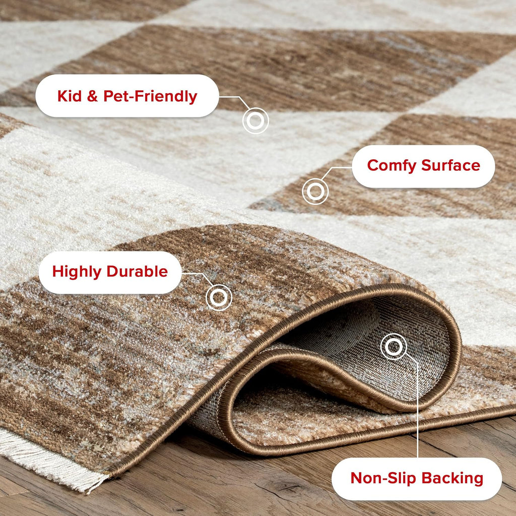 Fringed Performance Meline Beige/Blue/Ivory, Checkered, Soft and Cozy, High Traffic, Stain Resistant