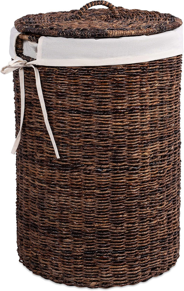 Seagrass Laundry Hamper with Lid & Liner - Handwoven Round Basket with Handles for Laundry/Dirty Clothes - Organizer