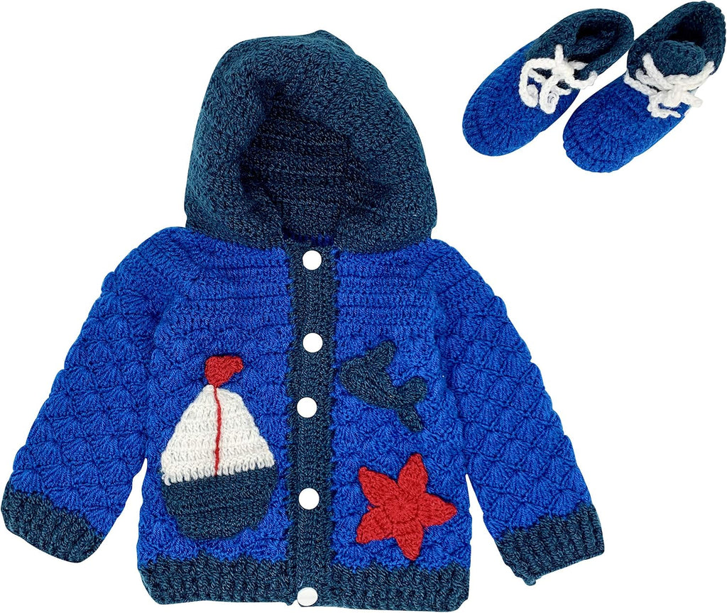 Hand Knitted Baby Boys & Girls Soft Wool Hoodie Long Sleeve Sweater Cardigan Set Blue Red, 0-6 Months