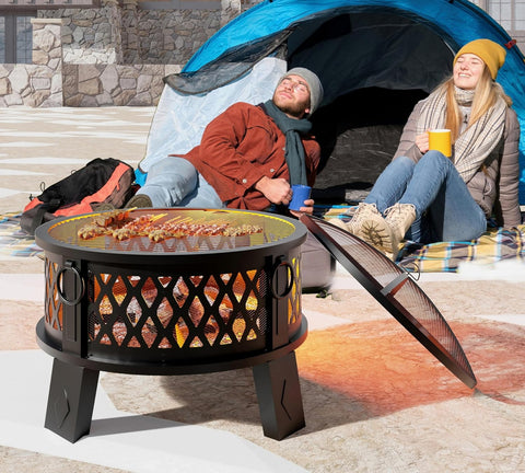 26" Steel Fire Pit with Grill & Diamond Mesh Design,360° Airflow Tech for 80% Less Smoke,XL Flames,Heavy-Duty Portable Outdoor Fire Bowl for Camping