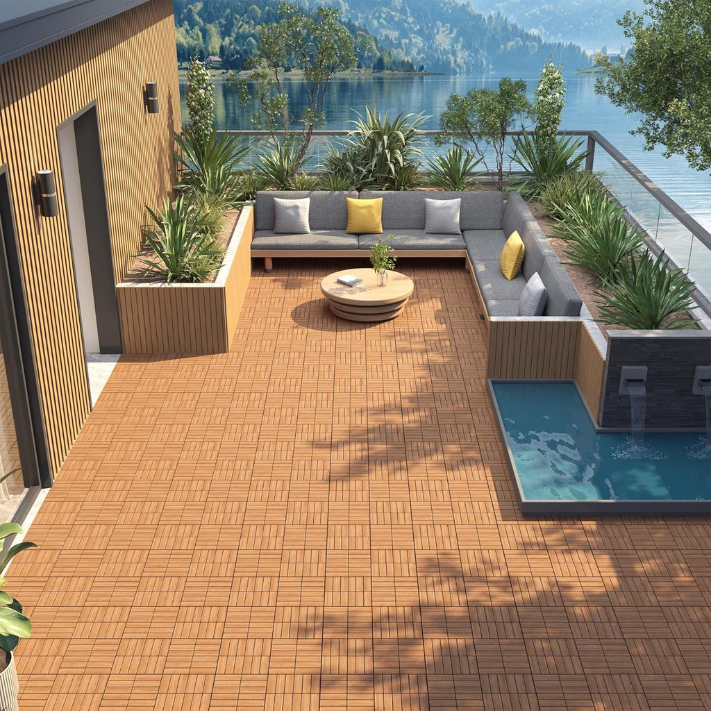 10pcs Acacia Wood,Interlocking Deck Tiles with Non-Slip Surface,Easy Snap Waterproof Flooring Tiles for Indoor