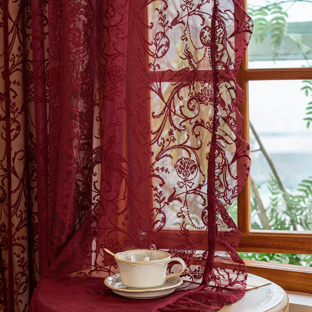Burgundy Kitchen Curtains 45 Inch Length - Chic Short Lace Sheer Cafe Curtains for Window Over Sink, Light Filtering