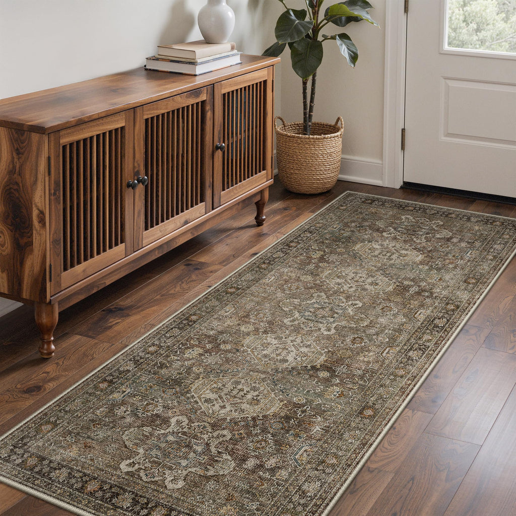 3x8 Hallway Runner Rug, Non Slip Washable, Vintage Brown