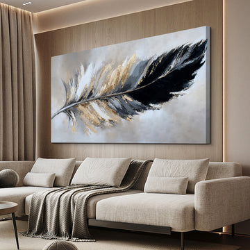 Black Gold Abstract Wall Art Minimalist Feather Canvas 20"X40"