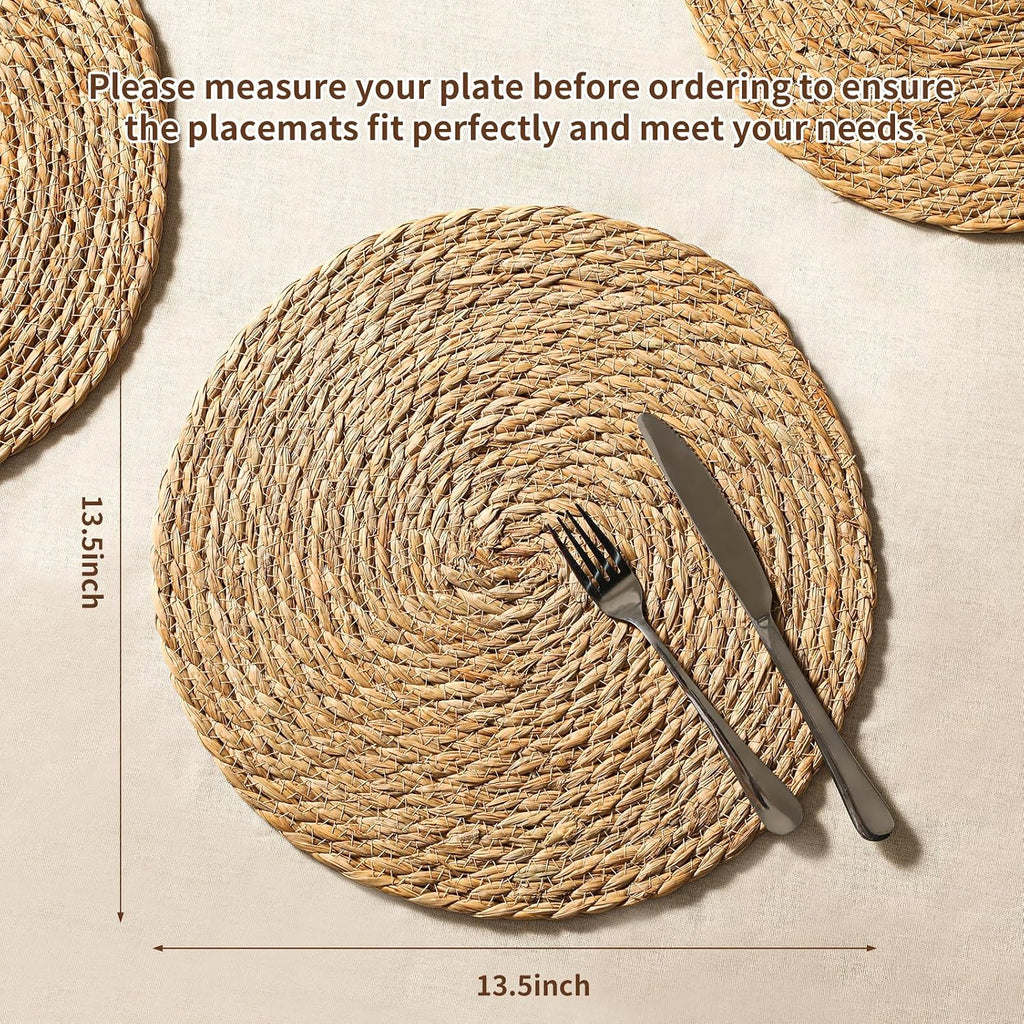 13.8'' Round Woven Placemats Set of 6, Boho Wicker Chargers, | Handmade from Natural Water Hyacinth, Heat-resistant &