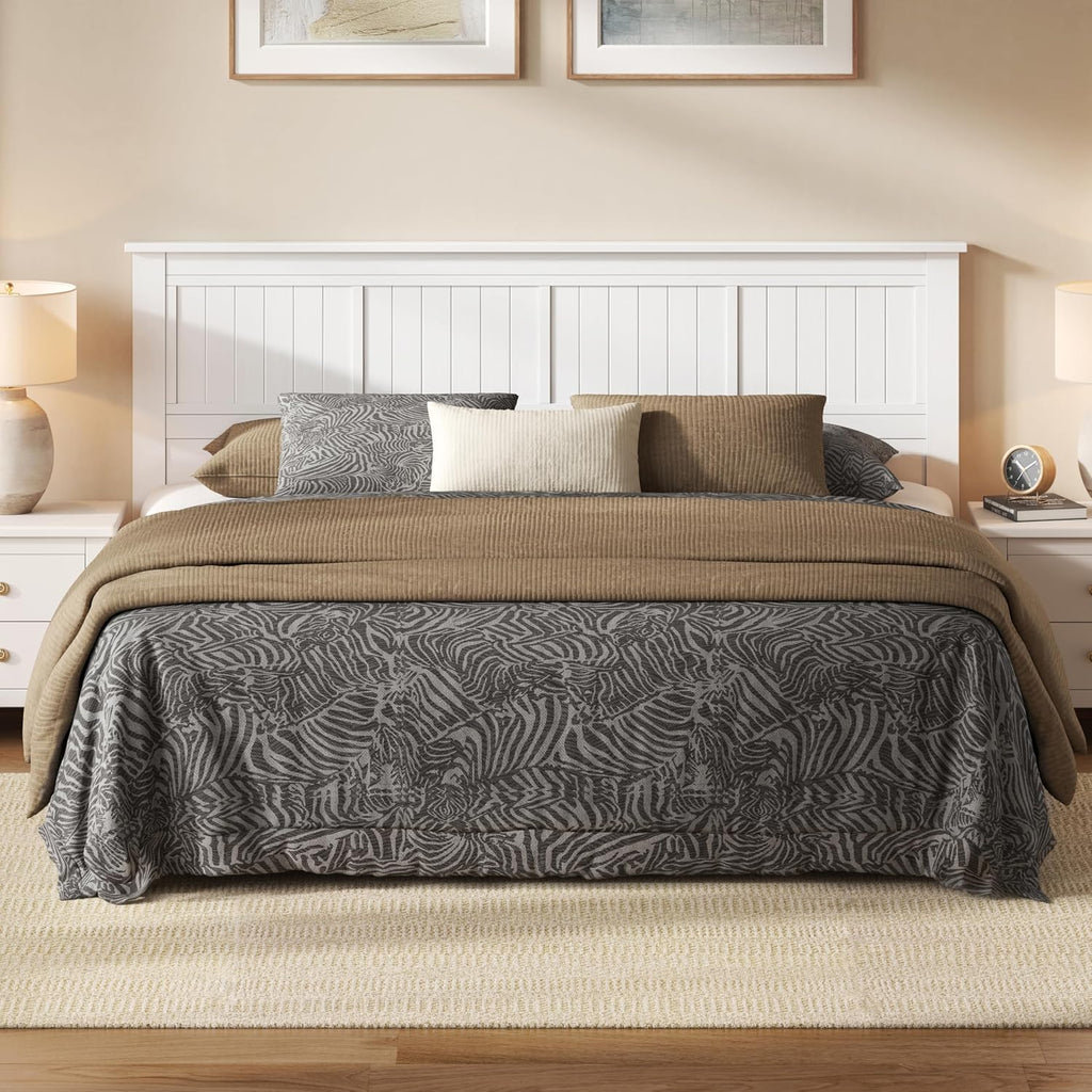 Serene Solid Wood Panel Headboard with Window-Pane Design, King, White, Easy Assembly, Quality Materials