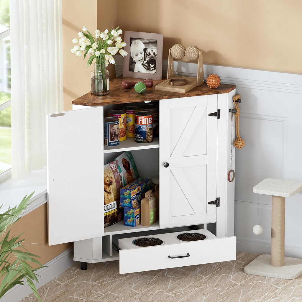 Farmhouse Dog Food Storage Corner Cabinet, Dog Feeding Station with 2 Hidden Bowls, Adjustable Panel, 4 Hooks, Pet