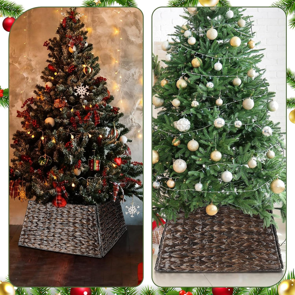 22 Inch Christmas Tree Collar Water Hyacinth Woven Farmhouse Square Base Cover Christmas Tree Basket for Xmas Holiday