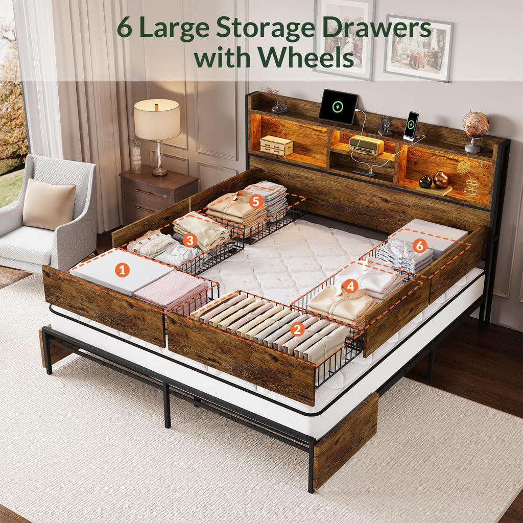 King Size Bed Frame with 6 Storage Drawers and Headboard Wooden Platform Bed Frame with LED Lights and Charging
