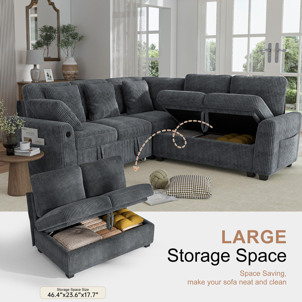 Sectional Sofa with Pull Out Couch Bed, 5 Seats Corduroy Sleeper Sofa with 2 Seat Storage & USB Charging, Comfy L