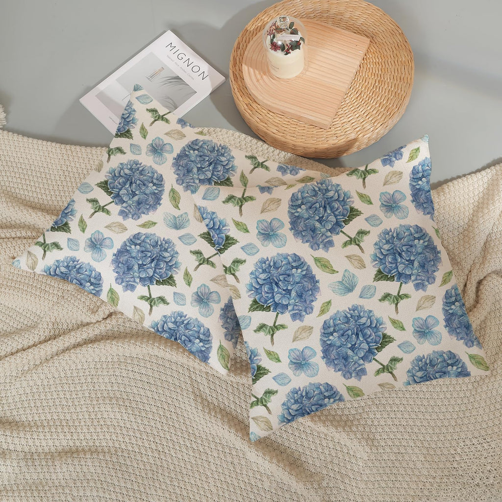 Spring Pillow Covers 20x20 Set of 2, Blue Hydrangea Flower Throw Pillows Spring Summer Floral Decorations Hydrangea