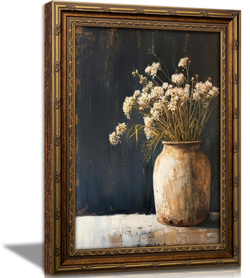 Vintage Gold Framed Wall Art, Fall Dried Flowers Antique Vase Country Oil Painting Canvas Prints, Dark Moody Rustic