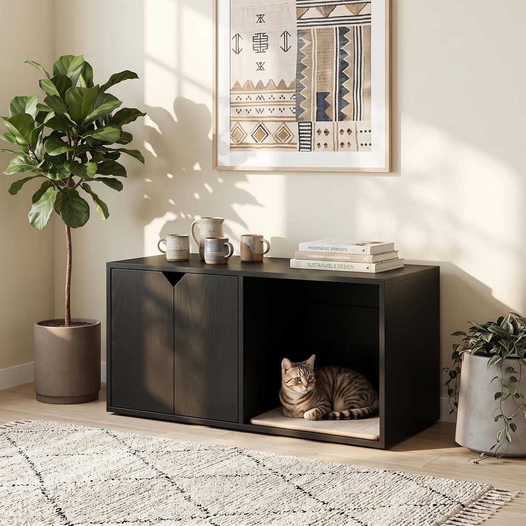 35.83" Modern Black Cat House Hidden Litter Box Enclosure with Scratch Pad