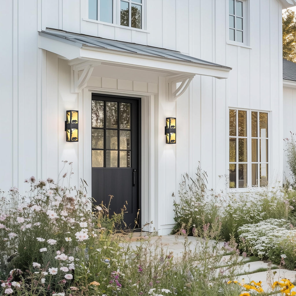 Rustic Exterior Wall Lights with Bear Pattern, Black Porch Lights Outdoor with Warm Amber Lampshade, Waterproof Up