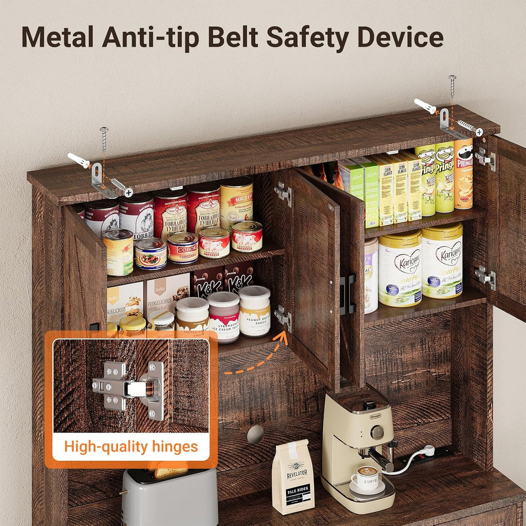 71'' Pantry Cabinet, Kitchen Hutch with Storage, LED & Power, Brown | 2 AC Outlets, 2 USB Ports, 6 Door Shelves, 2
