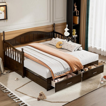 Modern Wood Daybed with Pop Up Trundle Twin to King Extendable Sofa Bed Frame for Kids Teens Adults/No Box Spring