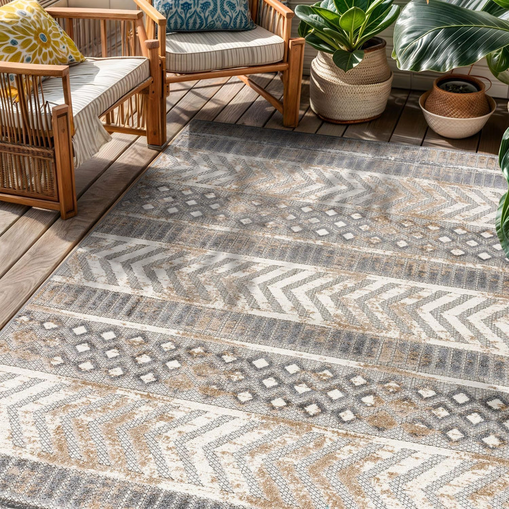 Tribal Stripe Indoor/Outdoor Area Rug, Beige
