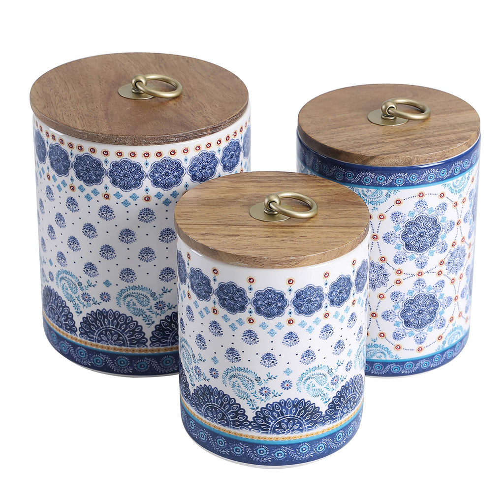 Blue Talavera Ceramic Canister Set of 3 Counter, 62oz, 40oz, 32oz each, with Wooden Air Tight Lid, Food Storage Jar