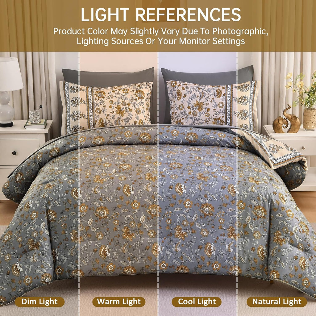 Dinjoy Boho Comforter Set Queen,Beige Brown Bedding Paisley Floral 7 Piece Bed in a Bag Reversible Lightweight