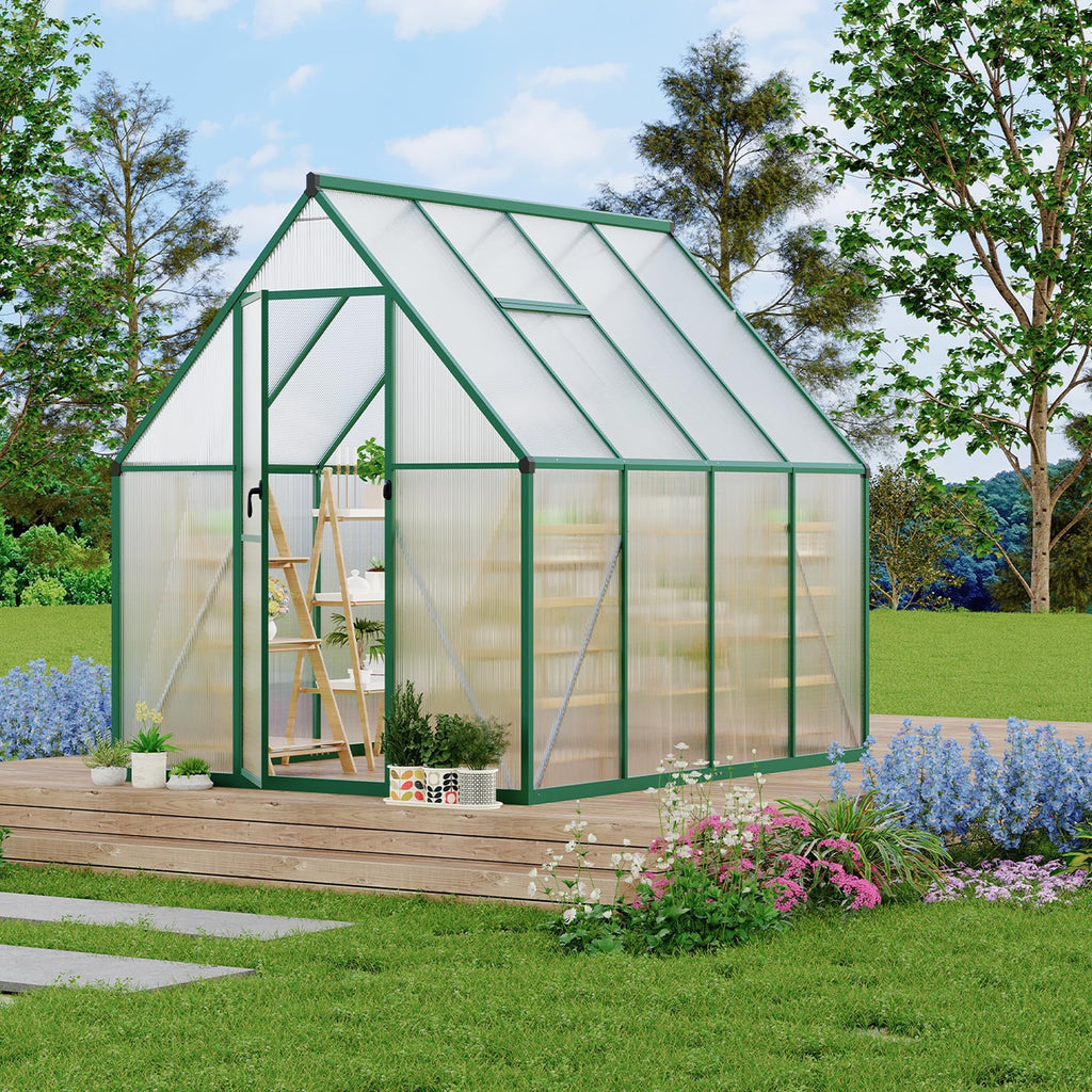 6x7 FT Outdoor Greenhouse, Polycarbonate Greenhouse with Roof Vent and Ground Nails, Aluminum Large Walk-in Green