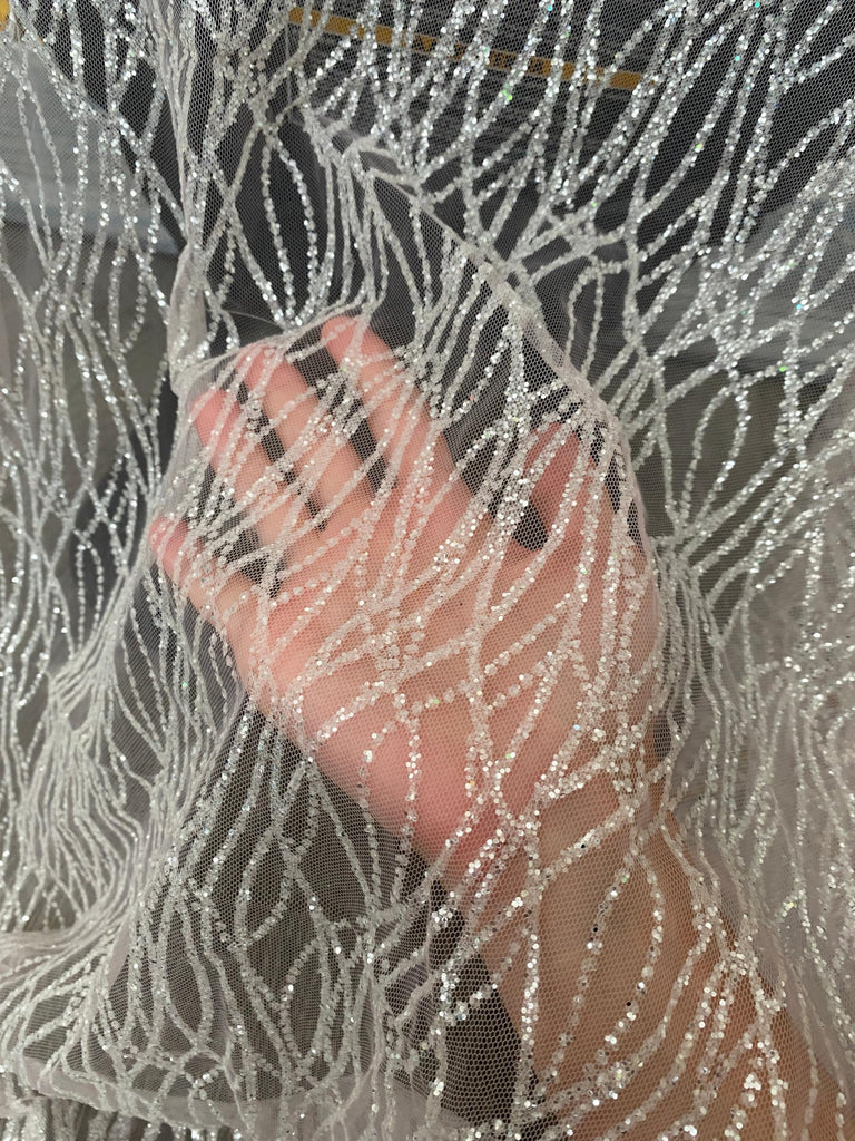 Glitter Wave Lace Fabric by The Yard - Perfect for Wedding Decorations, Bridal Shower, Wedding Tablecloth - Glitter