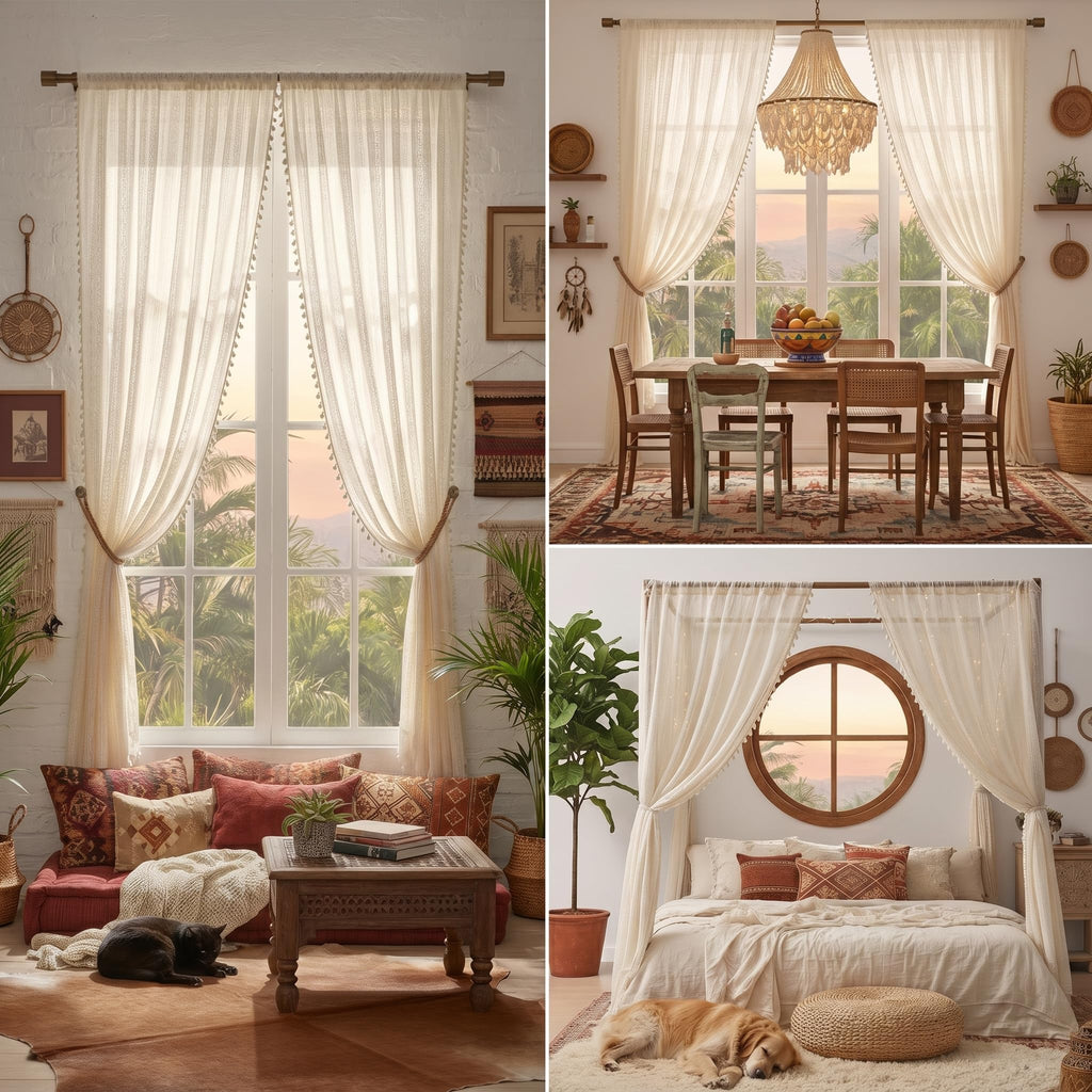 Beige Sheer Living Room Curtains, 72 Inch Long, 2 Panel, Rod Pocket, Vintage, French Country, Privacy, Boho Cotton