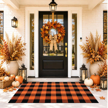 Fall Door Mat Orange and Black Buffalo Plaid Rug 3'x 5', Washable Layering Rug for Front Door Porch Entryway Cotton