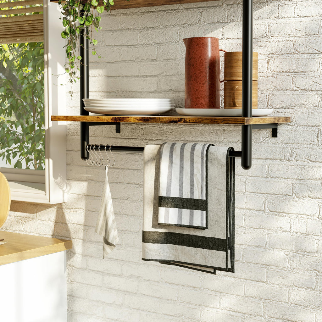 24 Inch 3 Tier Industrial Pipe Shelves with Towel Bar, Rustic Brown