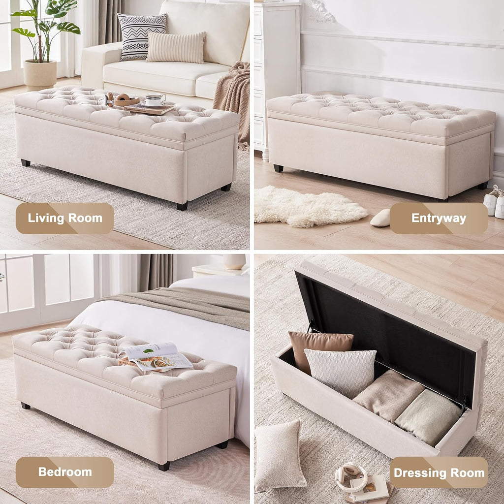 50 Inch Large Storage Ottoman, Tufted Ottoman with Storage | End of Bed Ottomans , Modern Entryway Benchs