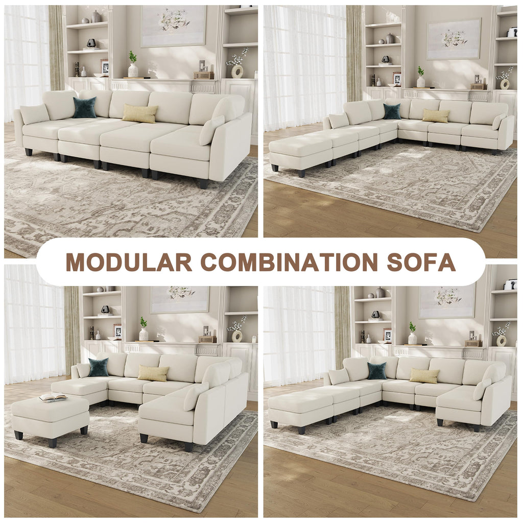 Sectional Sleeper Sofa, 8 Seaters Modular Sleeper Sofa Couch, Beige