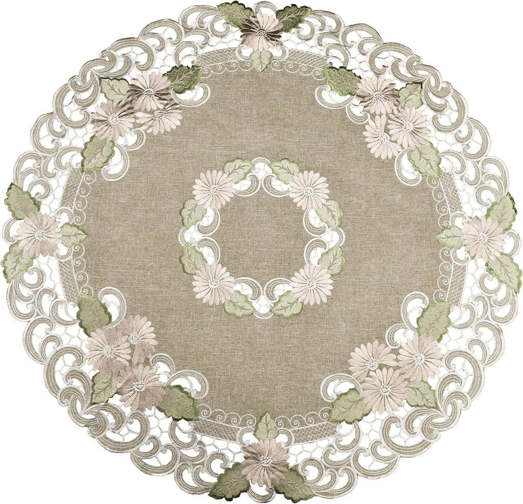 Embroidered Table Topper Gold Daisy Fleur Latte Small Tablecloth Doily (33 Inch Round)