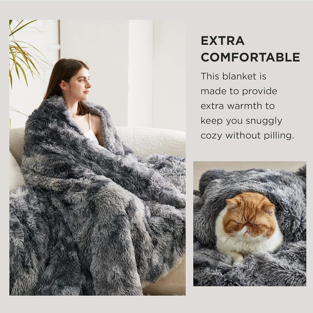 Faux Fur Fluffy Sherpa Fleece King Bed Blanket Grey 108"x90" | Fuzzy Plush, Thick Warm, Fall, Comfort Cozy Soft Home