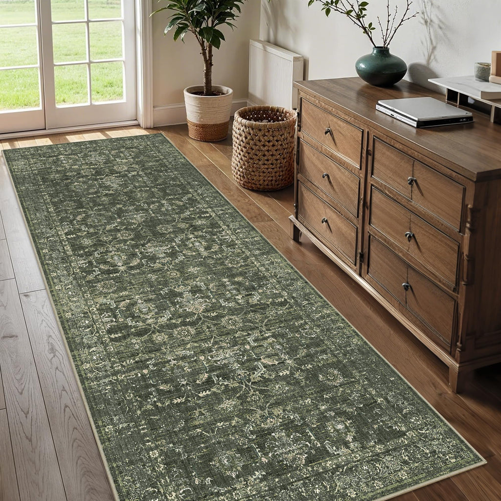 3x8 Washable Kitchen Runner Rug Non-Slip Boho Dark Green Throw Carpet