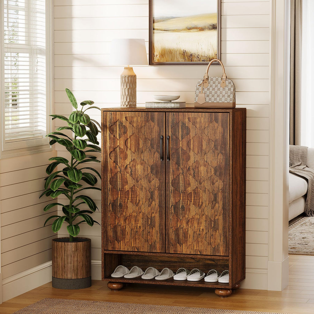 Shoe Cabinet, Farmhouse Tall Shoe Cabinet with Doors and Adjustable Shelves, Solid Wood Shoes Storage, Foyer