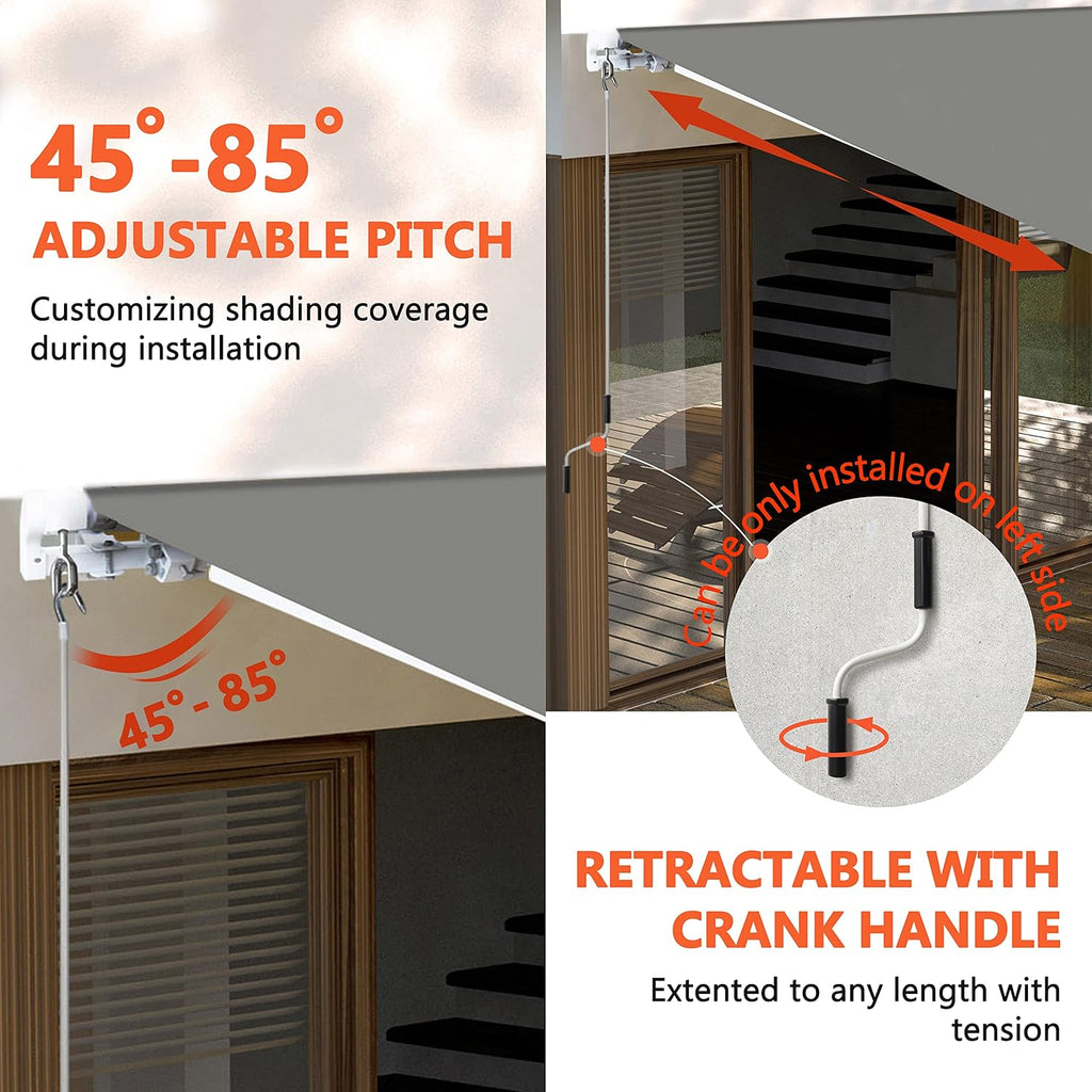 8'x7' Retractable Patio Awning Sun Shade Cover, Outdoor Shelter for Deck with Manual Crank, 78in Projection, Grey