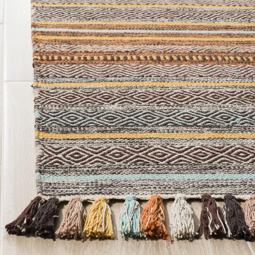 Montauk Collection Area Rug - 5' x 8', Turquoise & Brown, Handmade Boho Stripe Fringe Cotton, Ideal for High Traffic