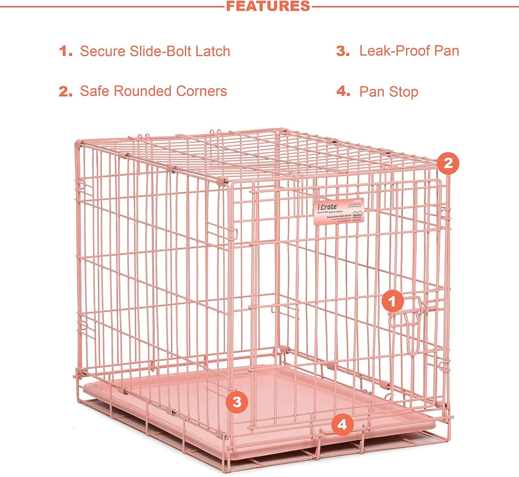 24-Inch Pink Fashion iCrate for Small Breeds, 12-20 lbs, Single Door Folding Dog Crate with Divider Panel