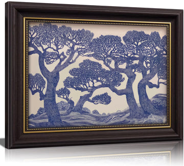 Vintage Gold Framed Wall Art Oak Tree Forest Painting Canvas Prints Blue Woodland Nature Landscape Picture Moody