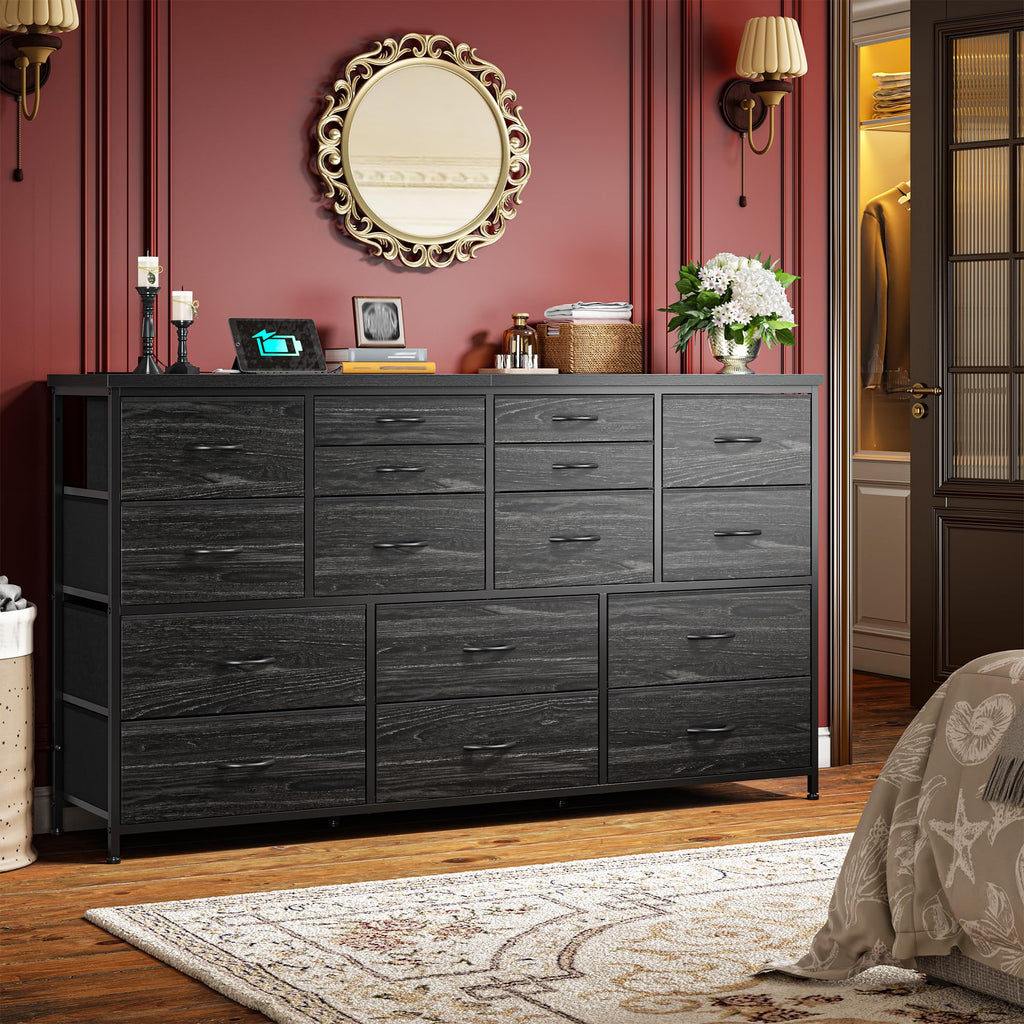 16 Drawer Dresser with Charging Station, Rustic Black