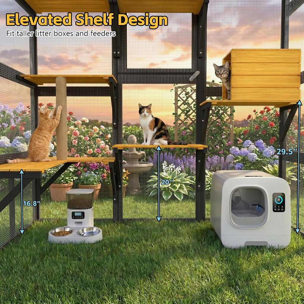 Large Catio Outdoor Cat Enclosure, Freestanding Walk-in Cat Play House W/Window Connection for Multiple Indoor