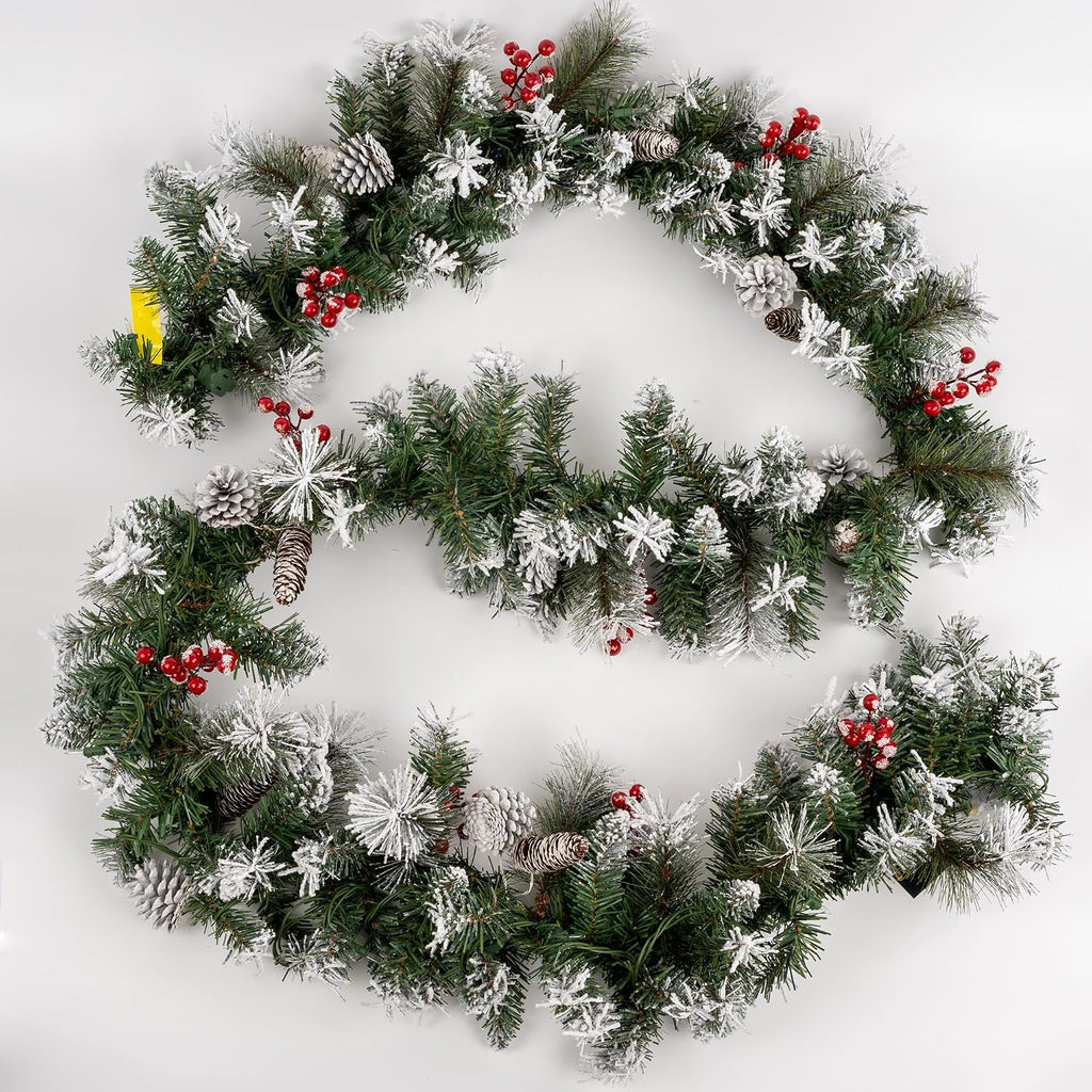 9FT Pre-Lit Artificial Christmas Garland with 50 Lights, Snow Garland Decorated with Pine Cones and Red Berries