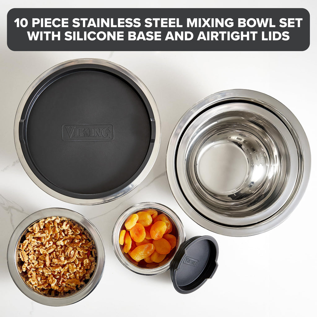 Mixing Bowls Set, 10 Piece Stainless Steel Kitchen Cookware, Non-Slip Silicone Base, Includes Tight Fit Lids